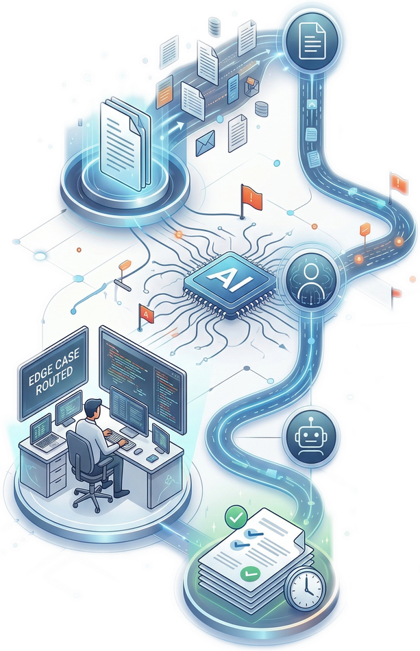VerdictIQ validation pipeline: incoming data records flow through AI criteria matching, expert human review, and same-day validated delivery at scale